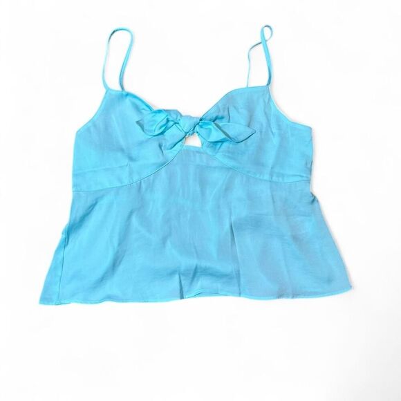 Bp Women's Teal Paradise Bow Tie Cut out smocked back cami top blouse Sz M - Picture 2 of 6